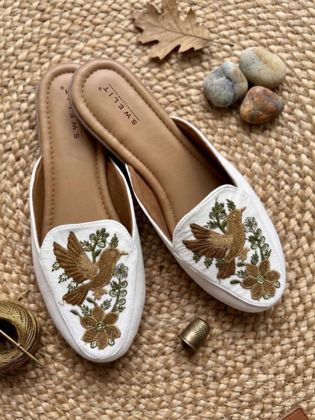 Brown Bird Embroidered Ethnic Mule Flats for Women