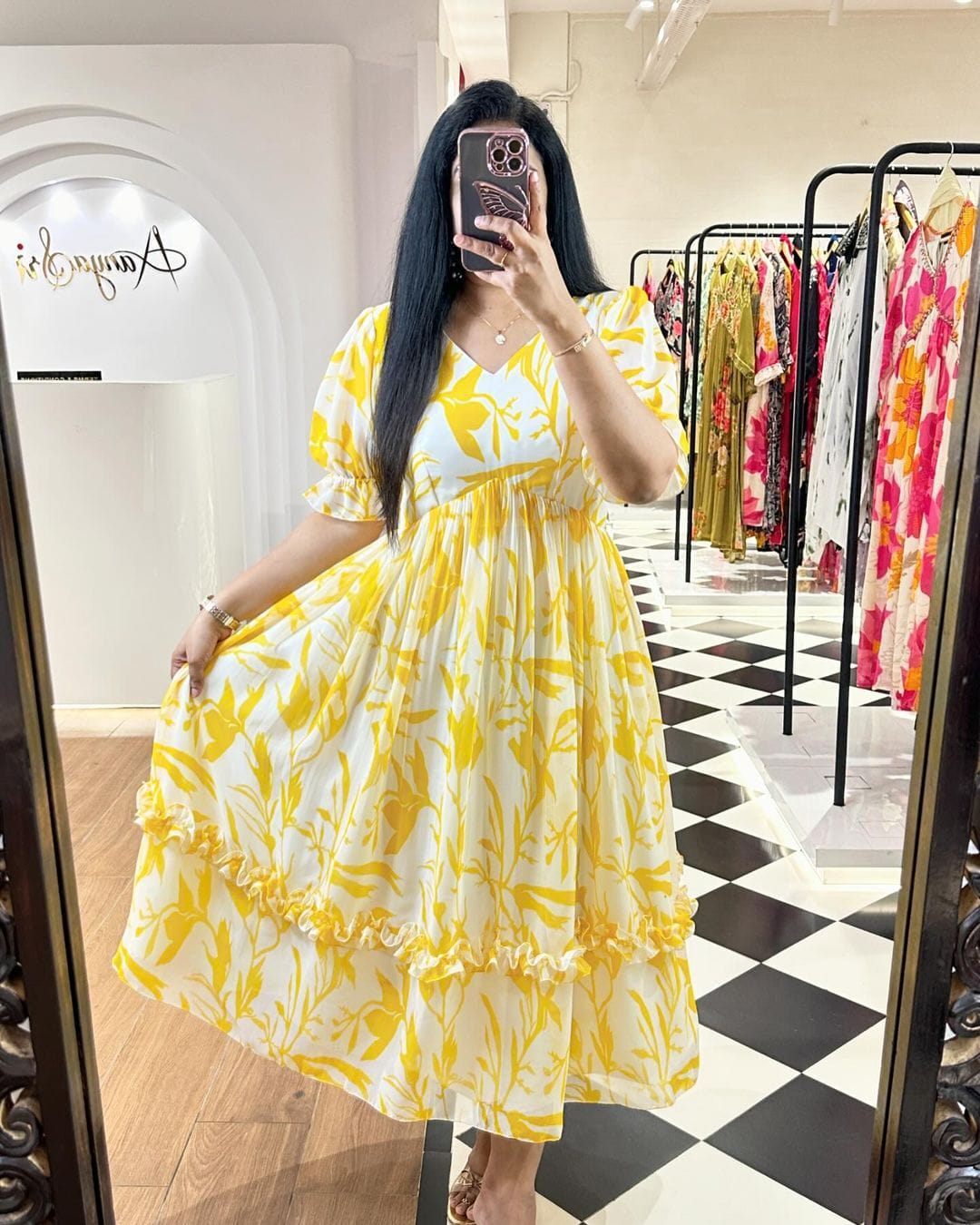 YELLOW PURE COTTON FLORAL PRINTED DRESS