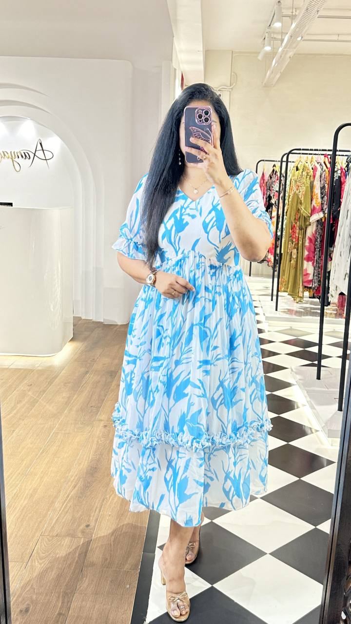 BLUE HEVAY PURE COTTON  DRESS WITH MILL PRINT