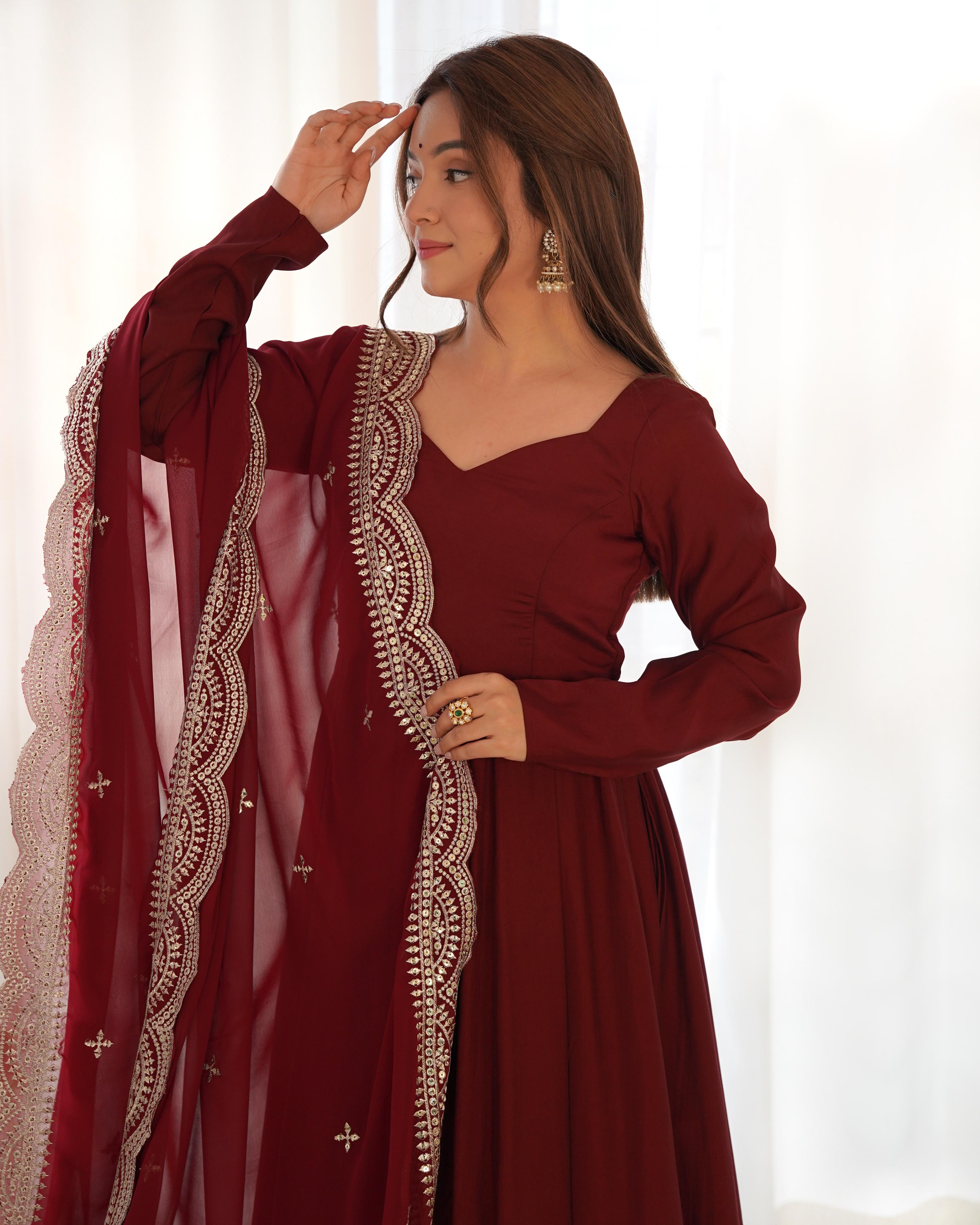 Chanderi Silk Maroon Anarkali Gown With Pant & Dupatta Set