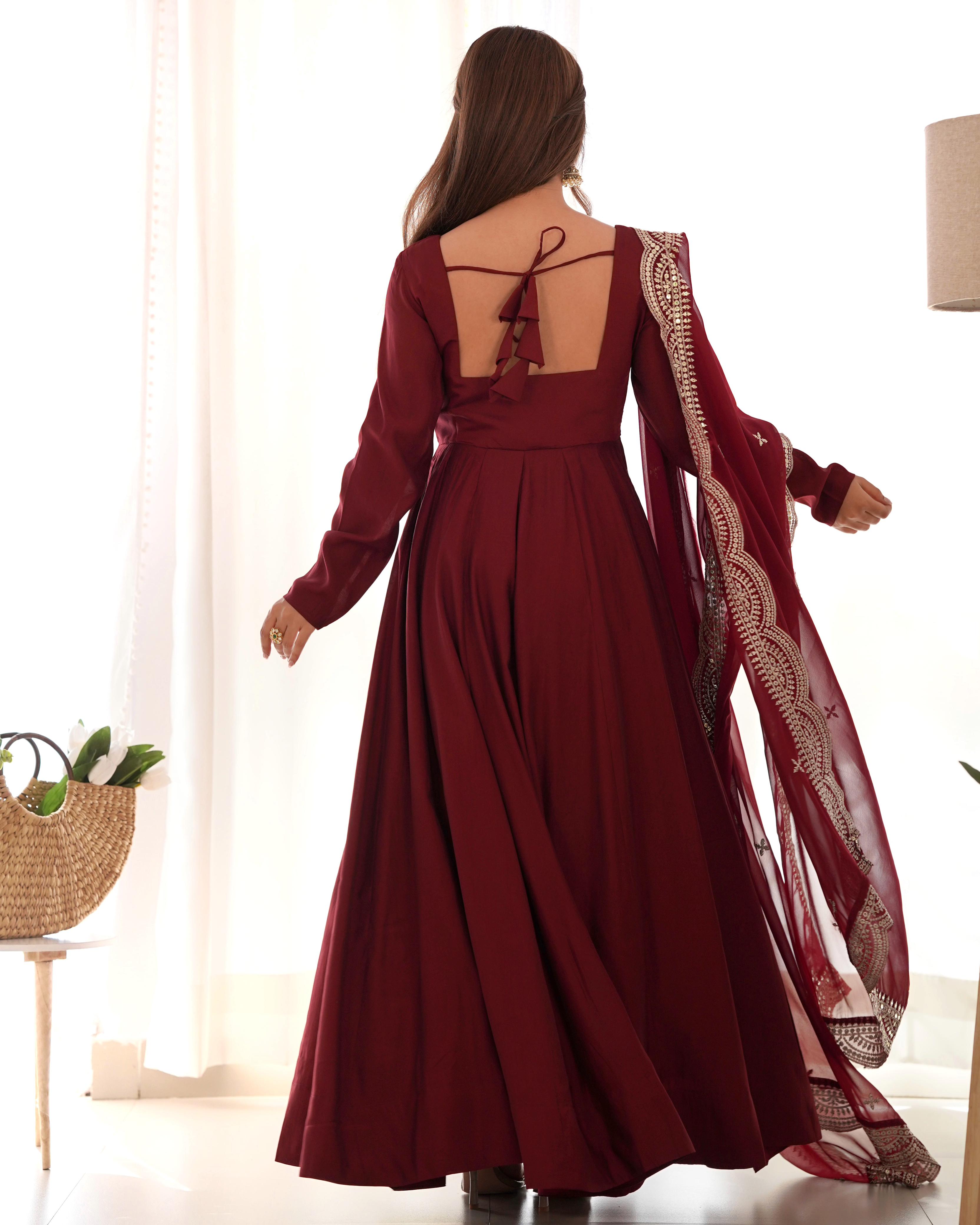 Chanderi Silk Maroon Anarkali Gown With Pant & Dupatta Set