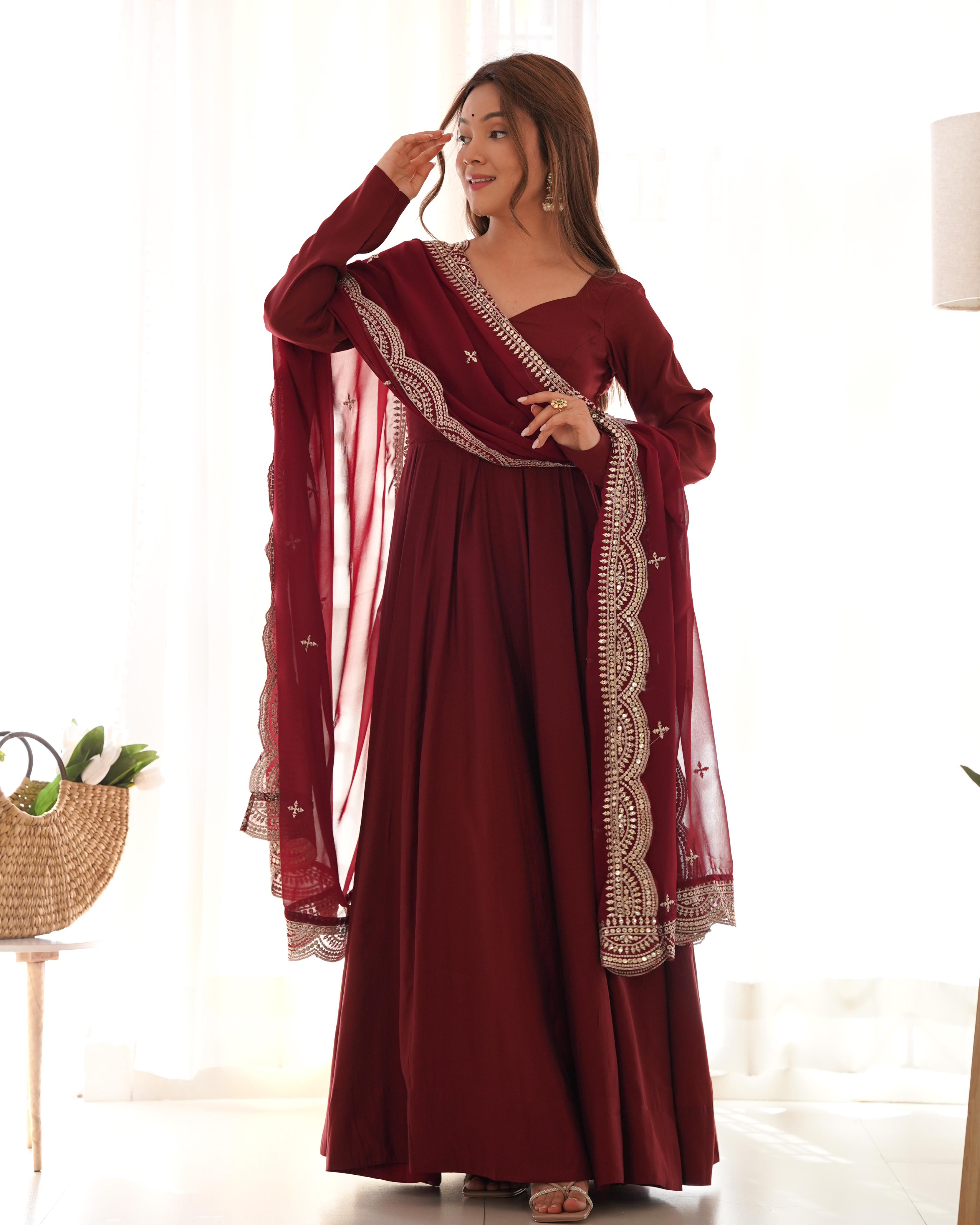 Chanderi Silk Maroon Anarkali Gown With Pant & Dupatta Set