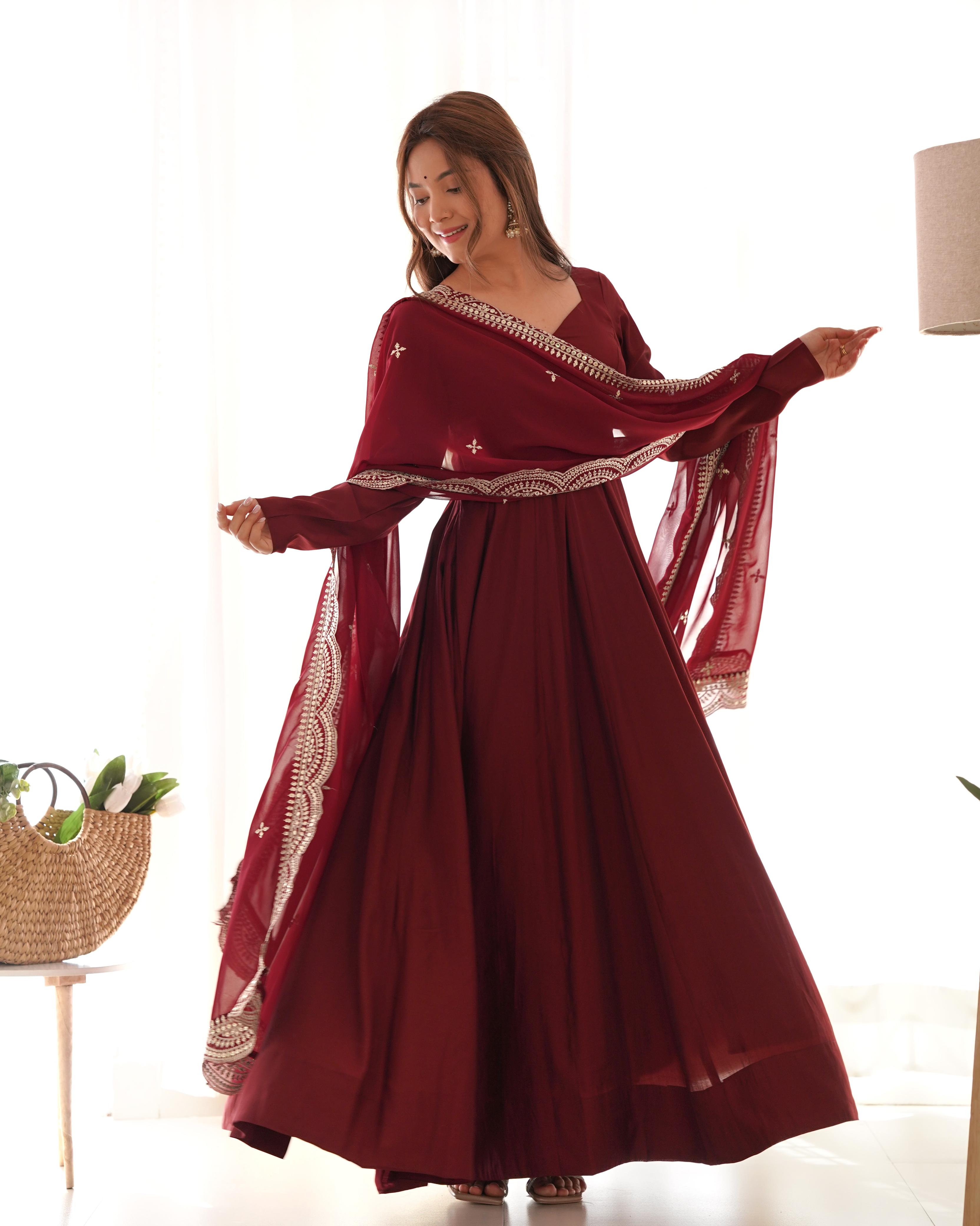 Chanderi Silk Maroon Anarkali Gown With Pant & Dupatta Set