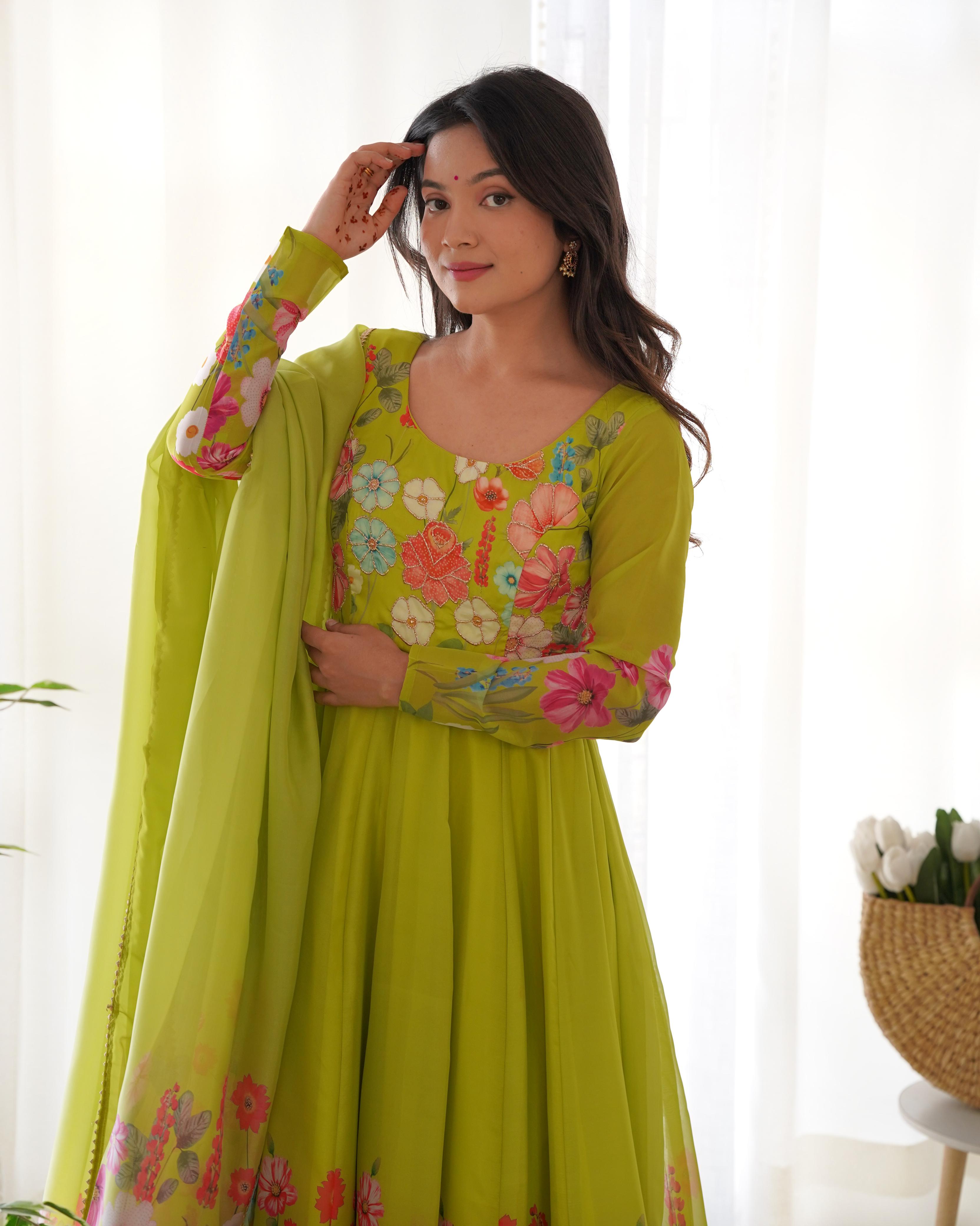 Flower Green Printed Anarkali Gown With Pant & Dupatta Set