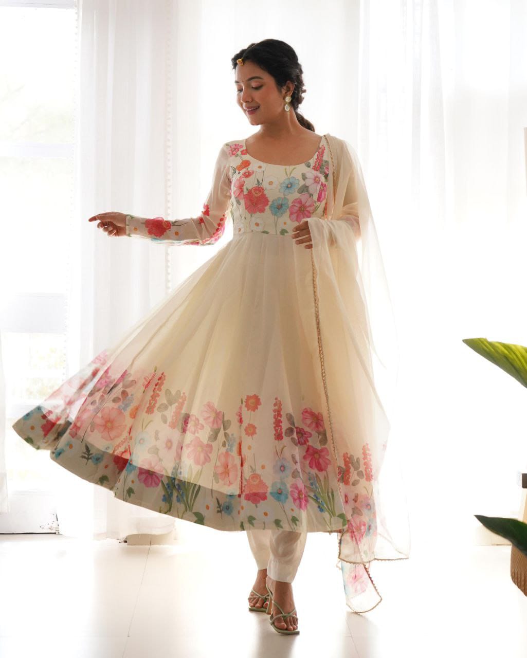 Cream Flower Printed Anarkali Gown With Pant & Dupatta Set