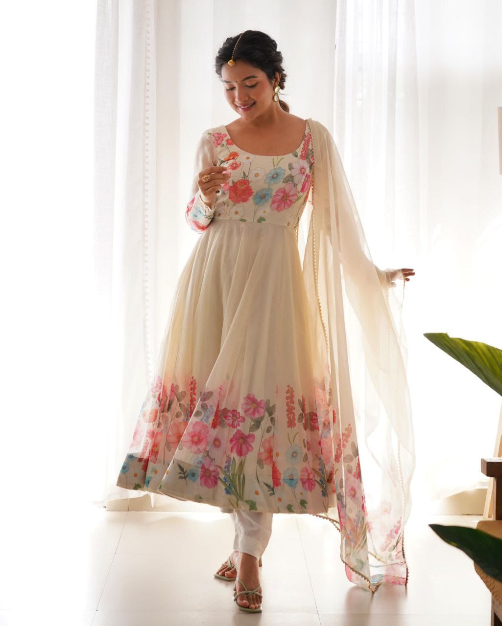 Cream Flower Printed Anarkali Gown With Pant & Dupatta Set