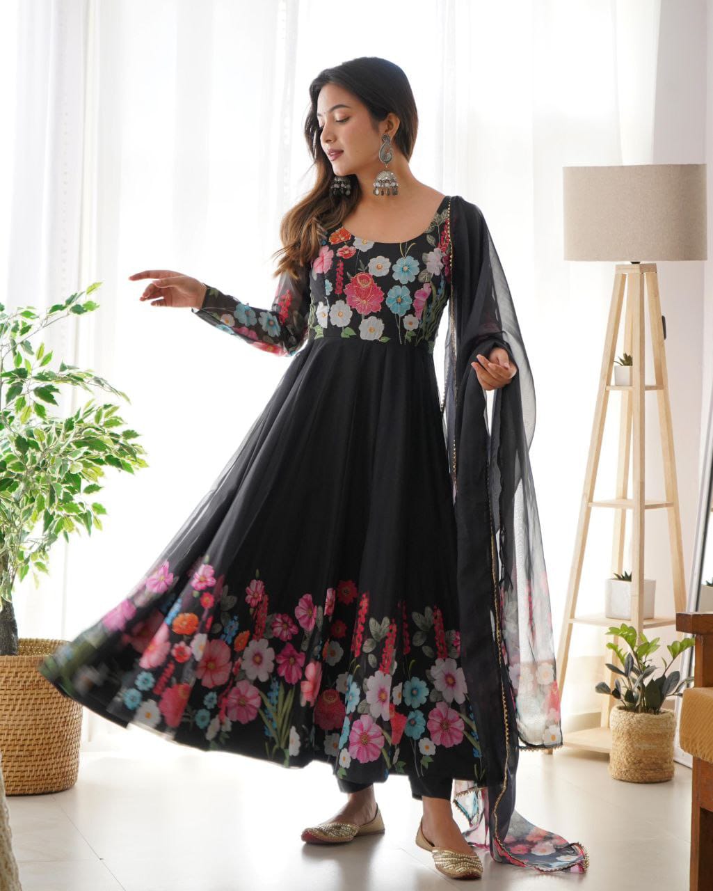 Flower Black Printed Anarkali Gown With Pant & Dupatta Set