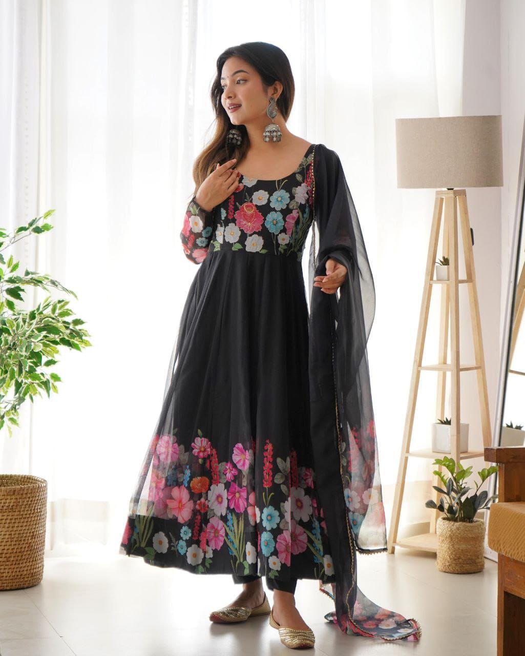 Flower Black Printed Anarkali Gown With Pant & Dupatta Set