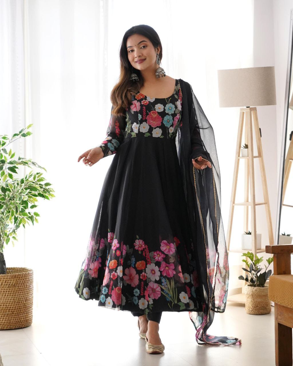 Flower Black Printed Anarkali Gown With Pant & Dupatta Set