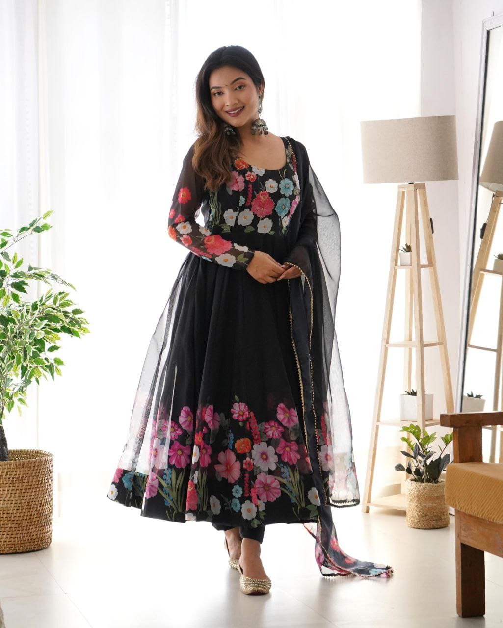 Flower Black Printed Anarkali Gown With Pant & Dupatta Set