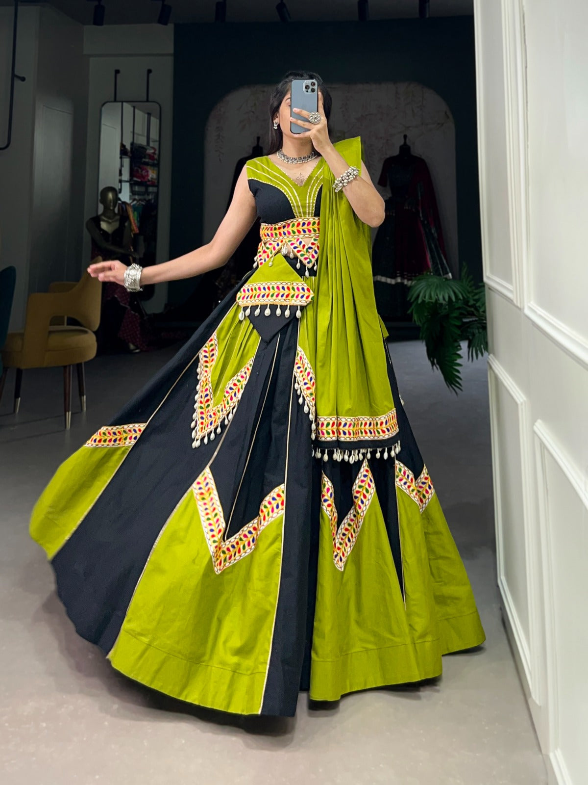 Stunning Green Gamthi Work Cotton Navaratri Lehenga Choli