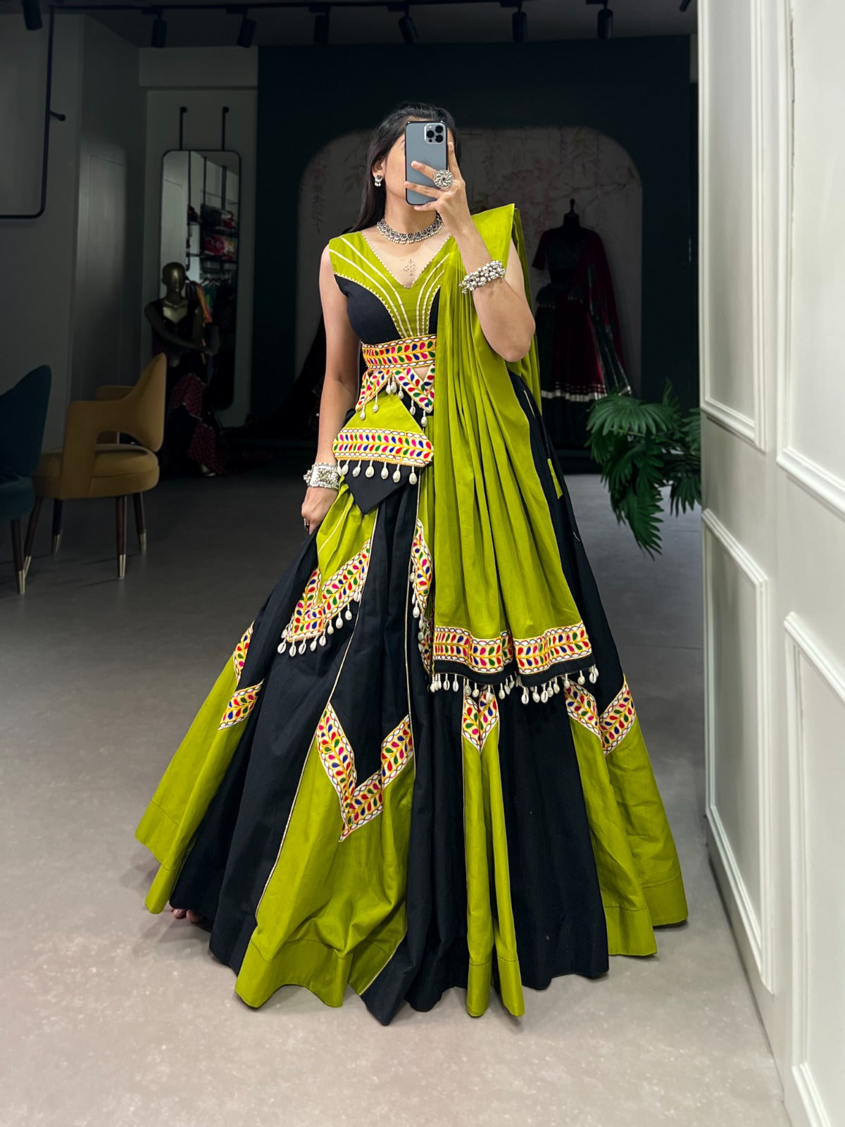 Stunning Green Gamthi Work Cotton Navaratri Lehenga Choli
