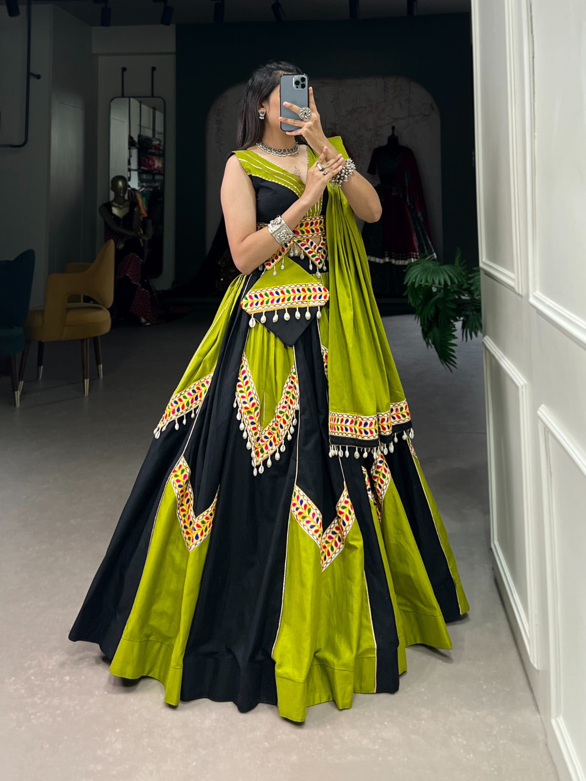 Stunning Green Gamthi Work Cotton Navaratri Lehenga Choli