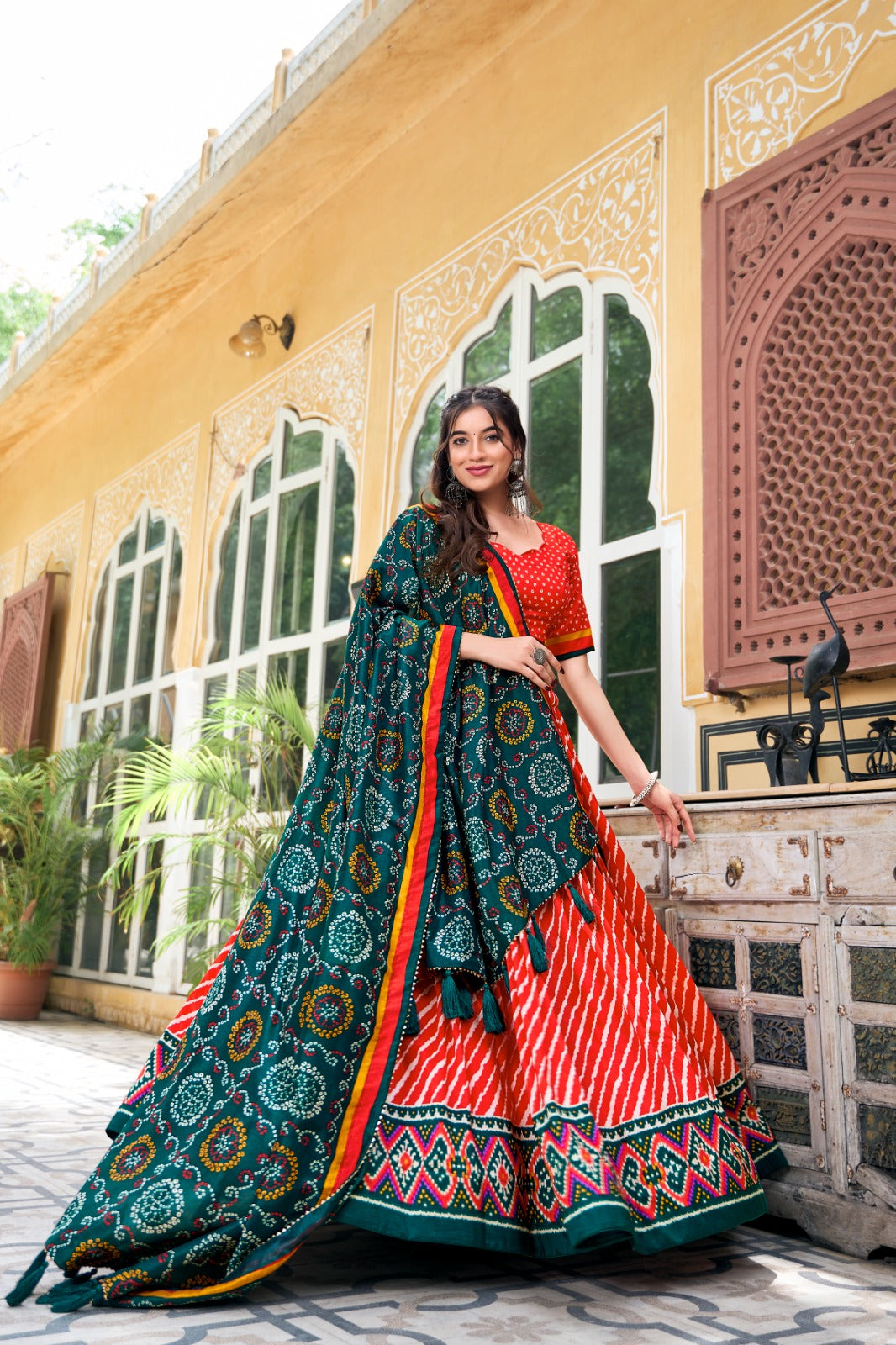 ELEGANT TUSSAR SILK LEHENGA CHUNNI WITH LEHERIYA AND PATOLA PRINT