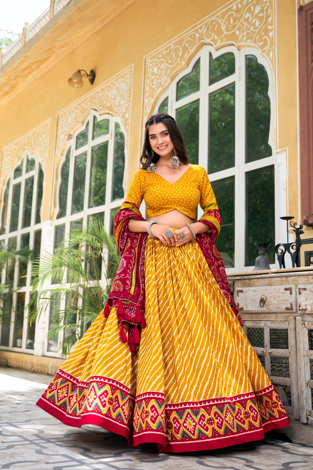 ELEGANT TUSSAR SILK LEHENGA CHUNNI WITH LEHERIYA AND PATOLA PRINT