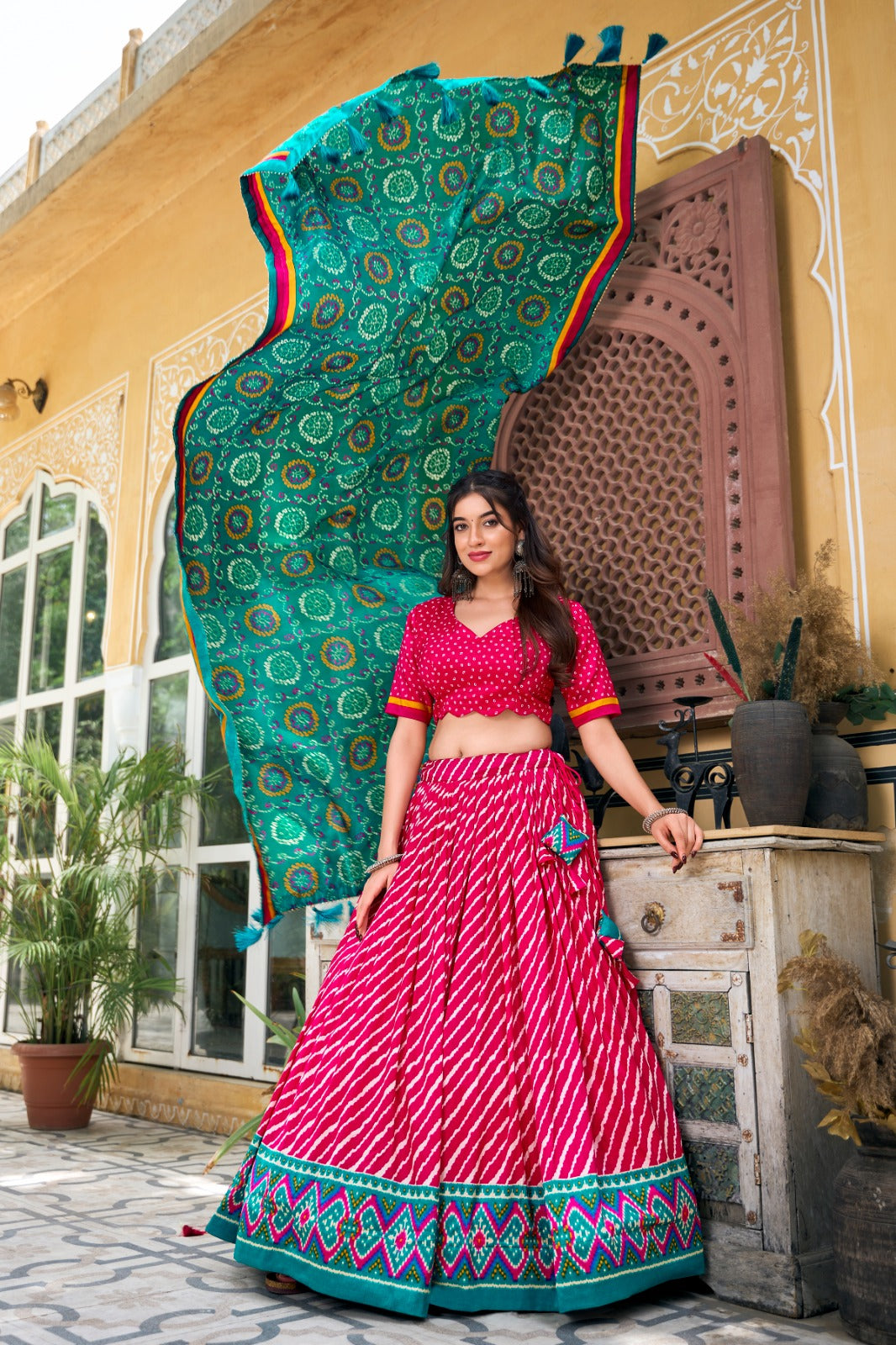 ELEGANT TUSSAR SILK LEHENGA CHUNNI WITH LEHERIYA AND PATOLA PRINT