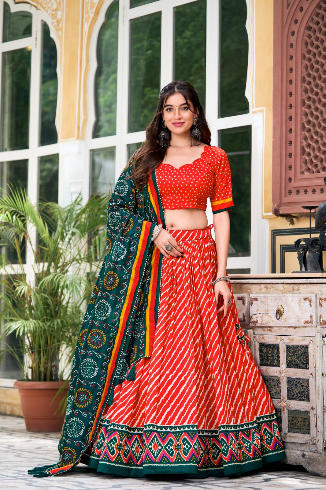 ELEGANT TUSSAR SILK LEHENGA CHUNNI WITH LEHERIYA AND PATOLA PRINT