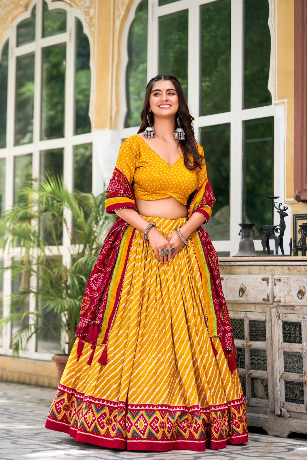 ELEGANT TUSSAR SILK LEHENGA CHUNNI WITH LEHERIYA AND PATOLA PRINT