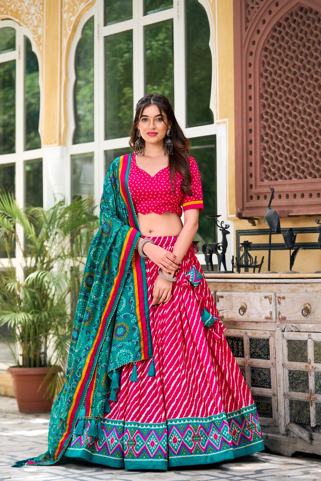 ELEGANT TUSSAR SILK LEHENGA CHUNNI WITH LEHERIYA AND PATOLA PRINT