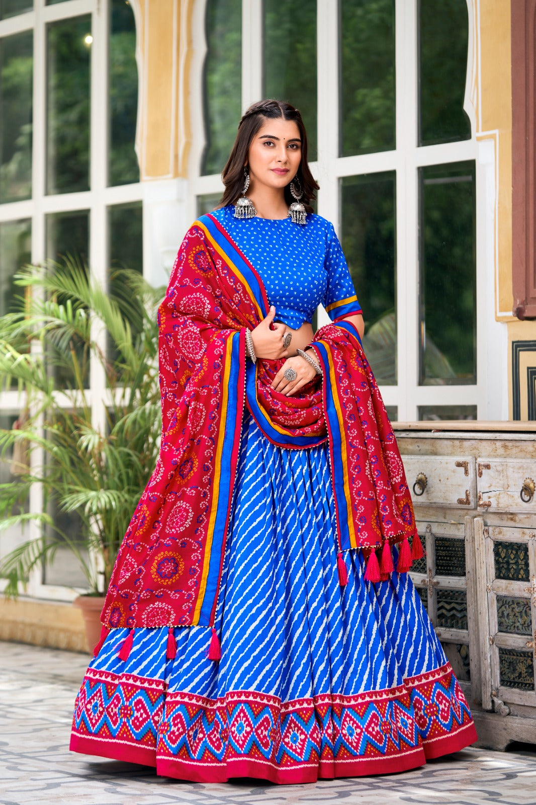 ELEGANT TUSSAR SILK LEHENGA CHUNNI WITH LEHERIYA AND PATOLA PRINT