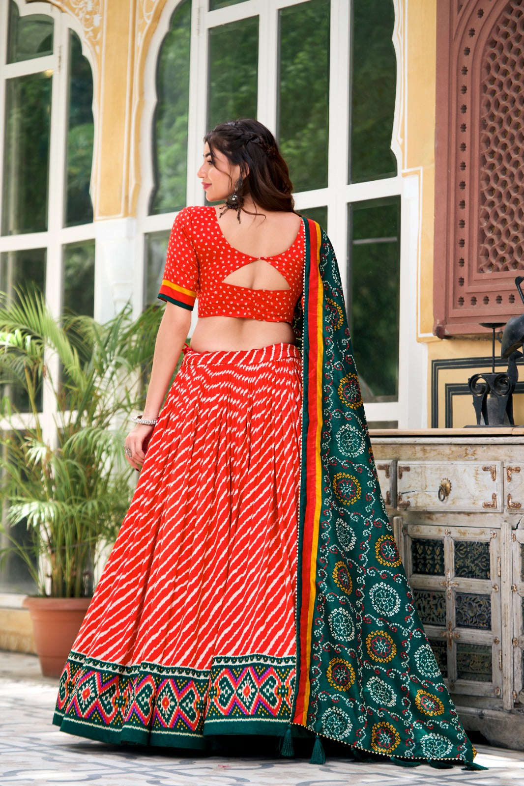 ELEGANT TUSSAR SILK LEHENGA CHUNNI WITH LEHERIYA AND PATOLA PRINT