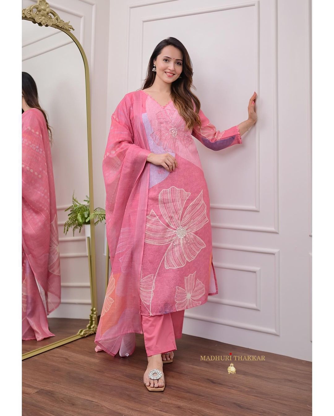 pink Schiffli Handwork Linen Suit