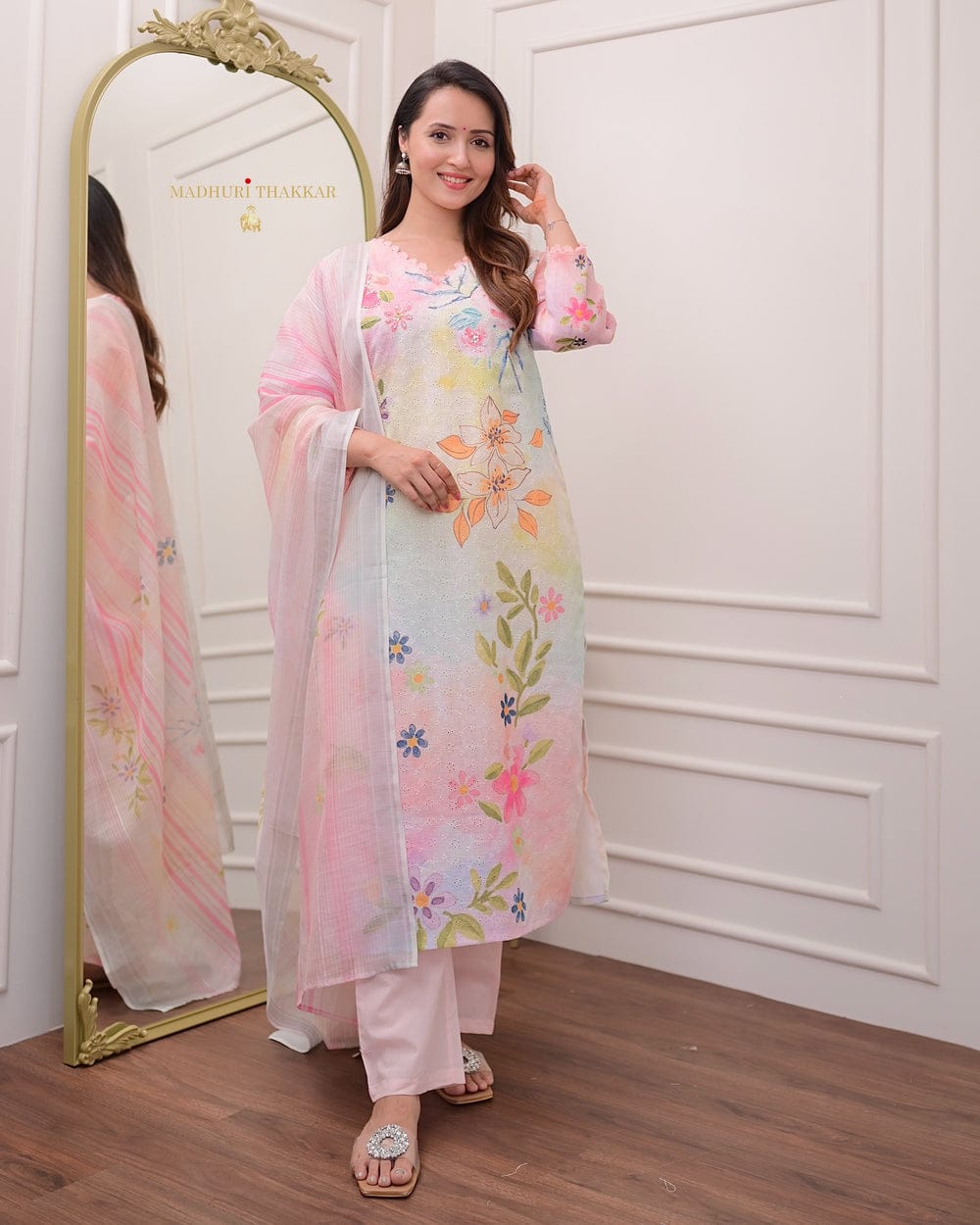 Pastel Floral Schiffli Handwork Linen Suit