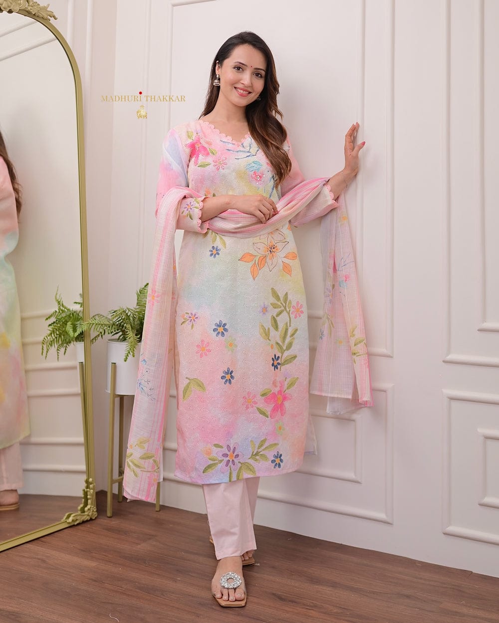 Pastel Floral Schiffli Handwork Linen Suit