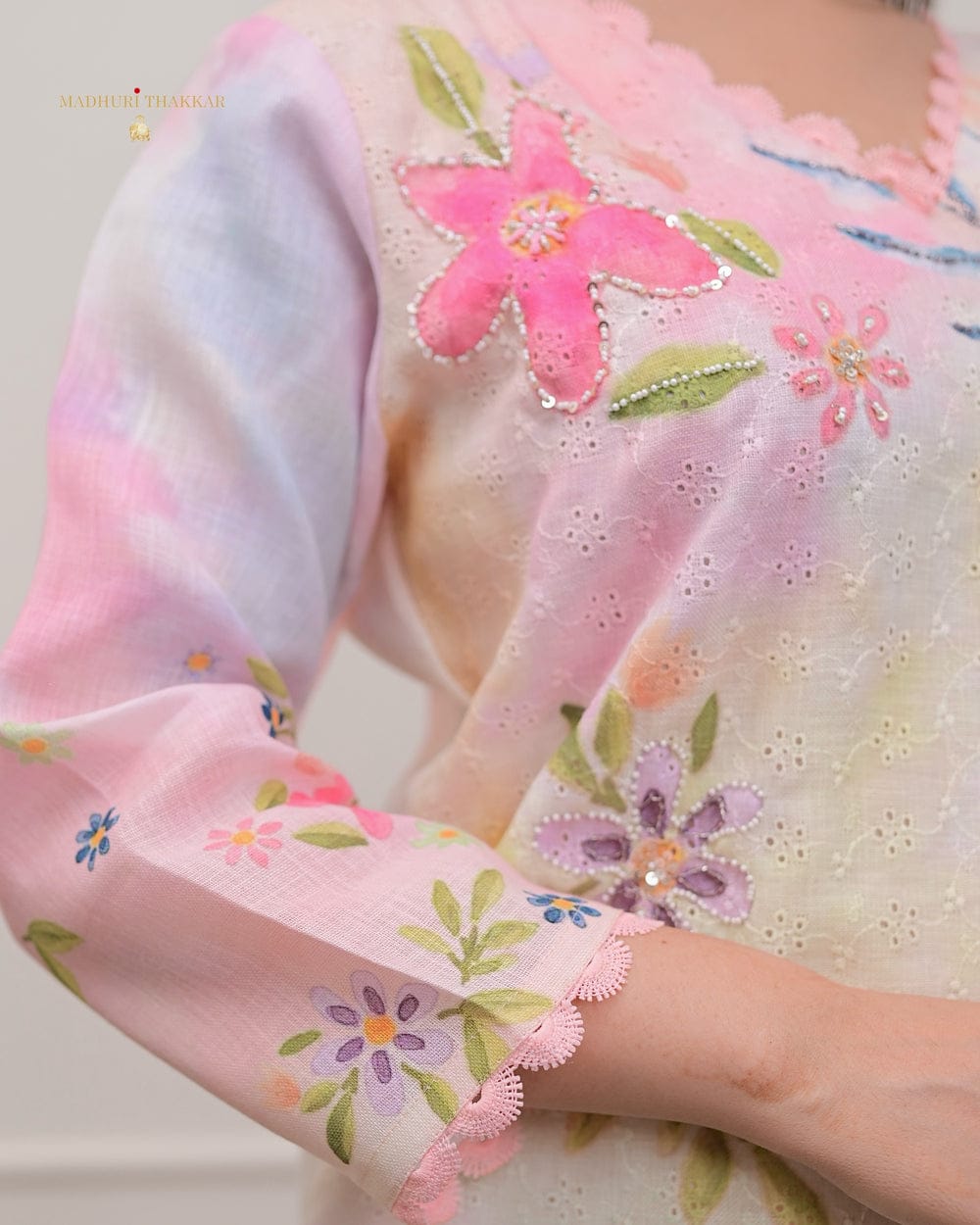 Pastel Floral Schiffli Handwork Linen Suit