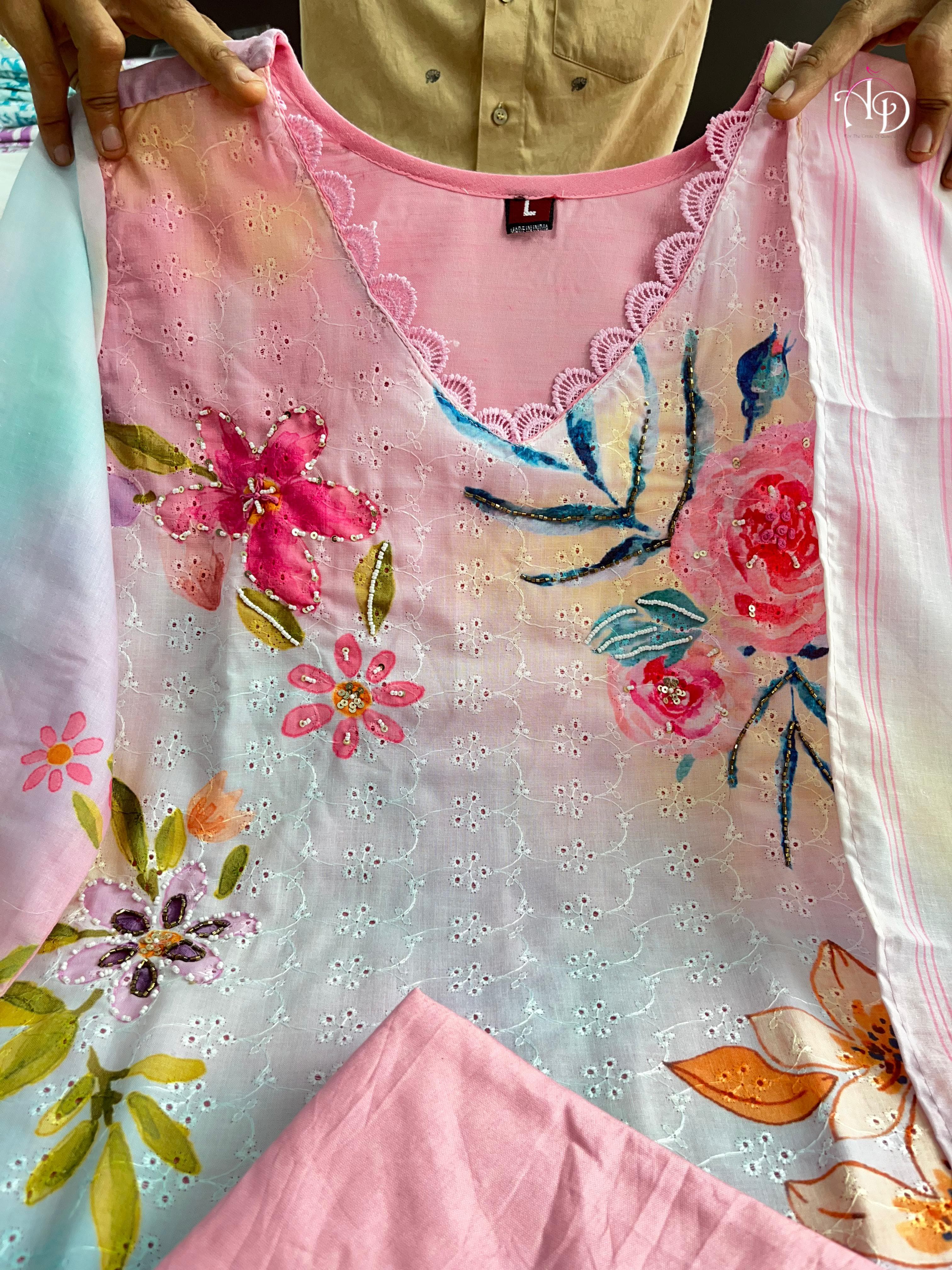 Pastel Floral Schiffli Handwork Linen Suit