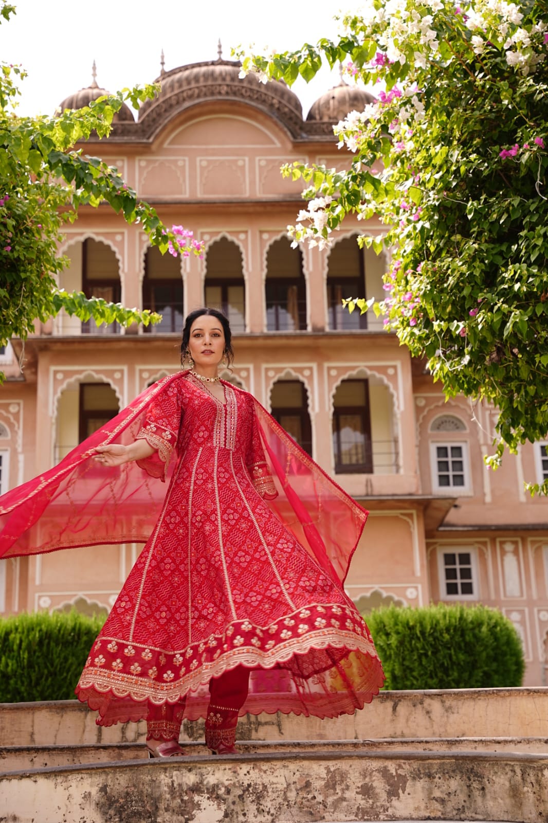 Designer Red Voluminous Anarkali Readymade Suit