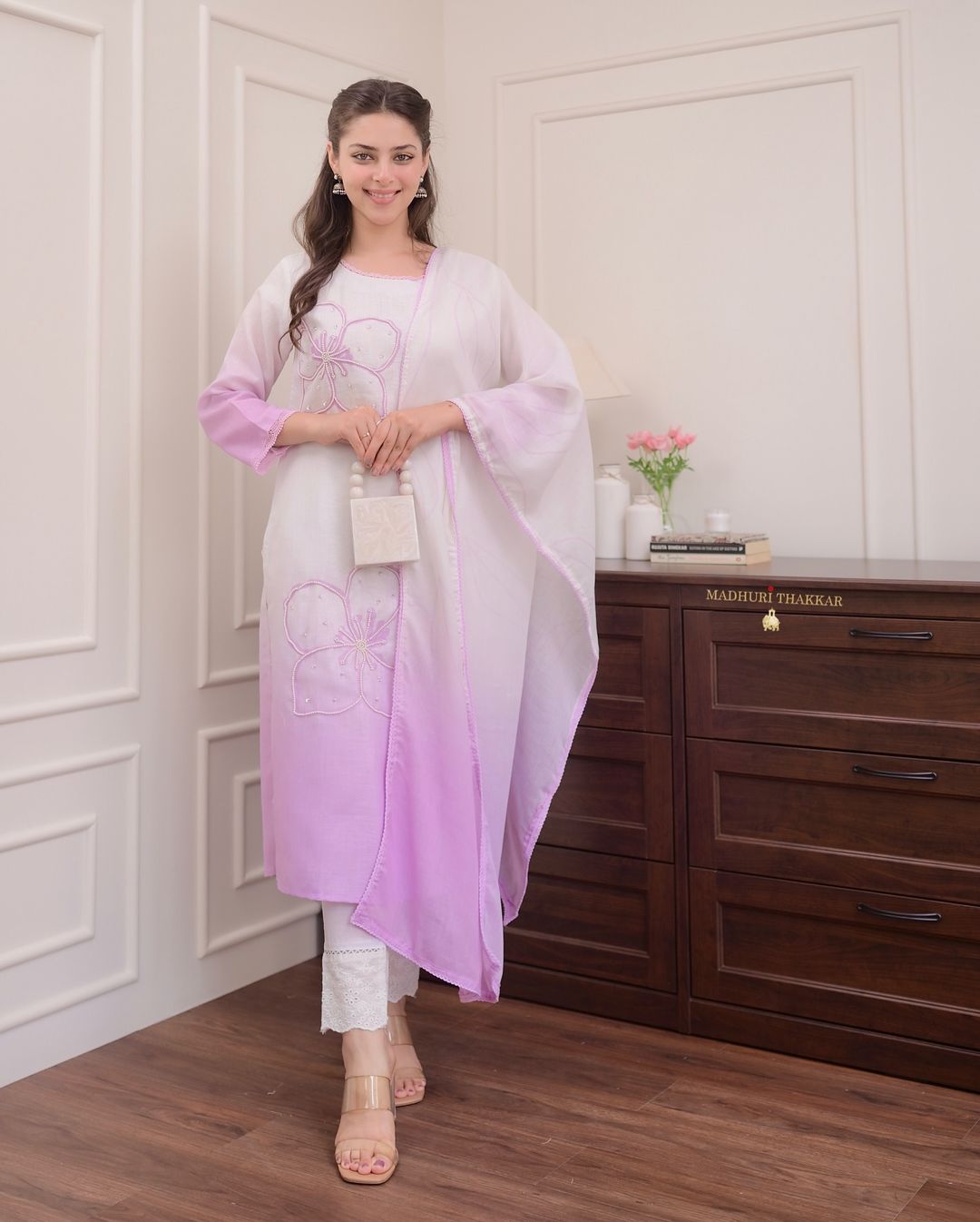 Lilac Ombre Pearl Work Linen Suit