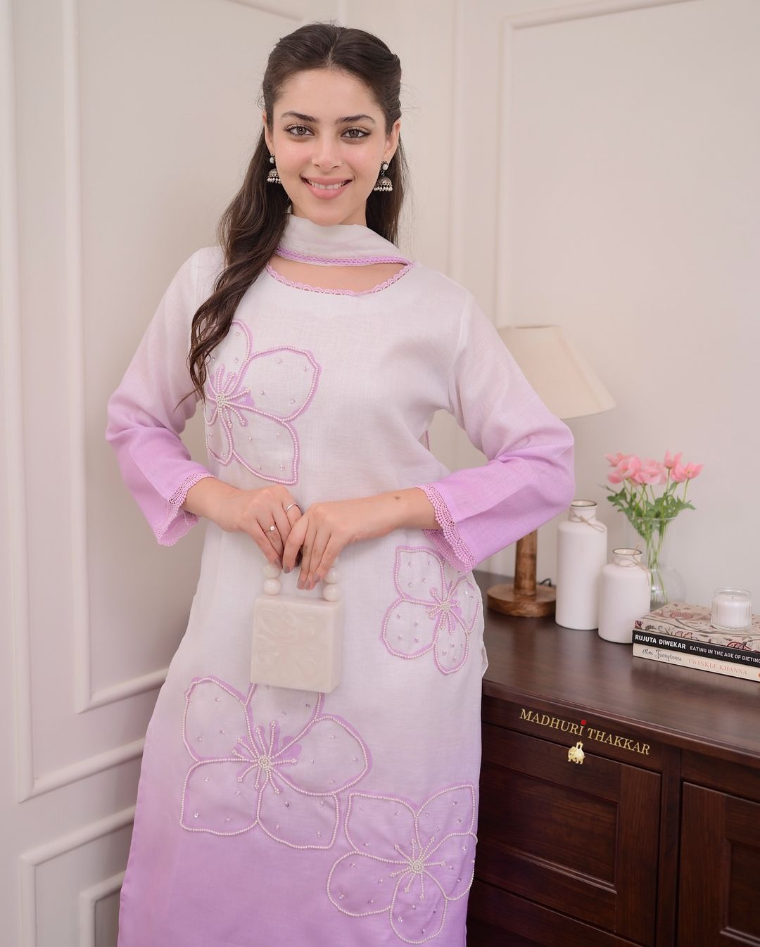 Lilac Ombre Pearl Work Linen Suit