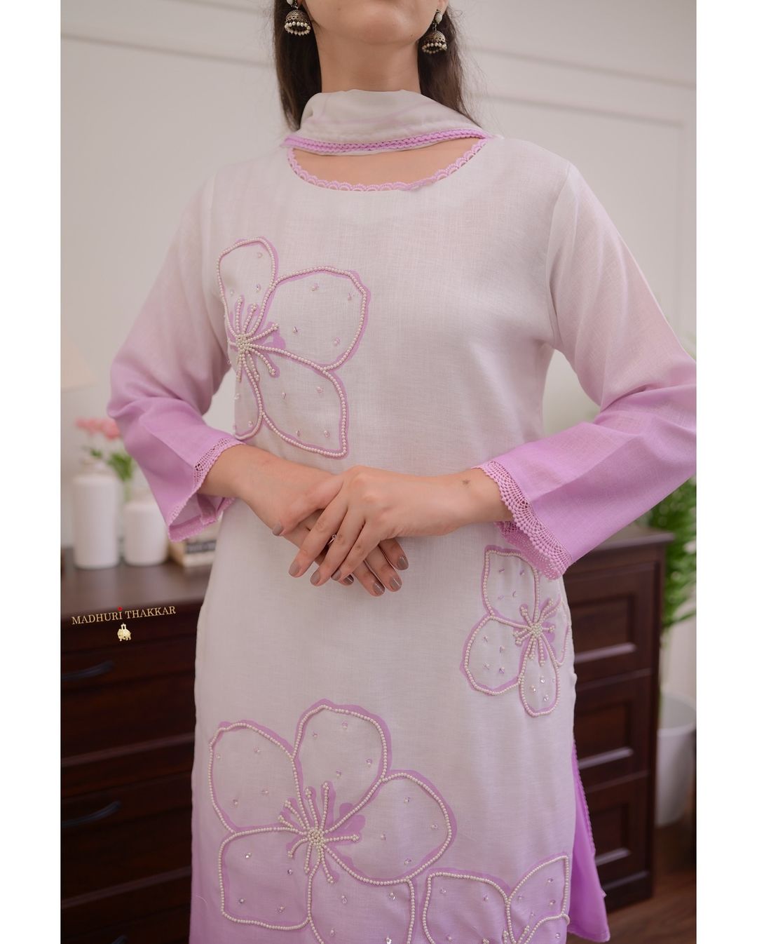 Lilac Ombre Pearl Work Linen Suit