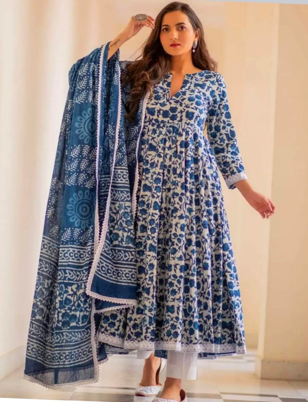 Blue Cotton Printed Kurti With Pant & Dupatta Set