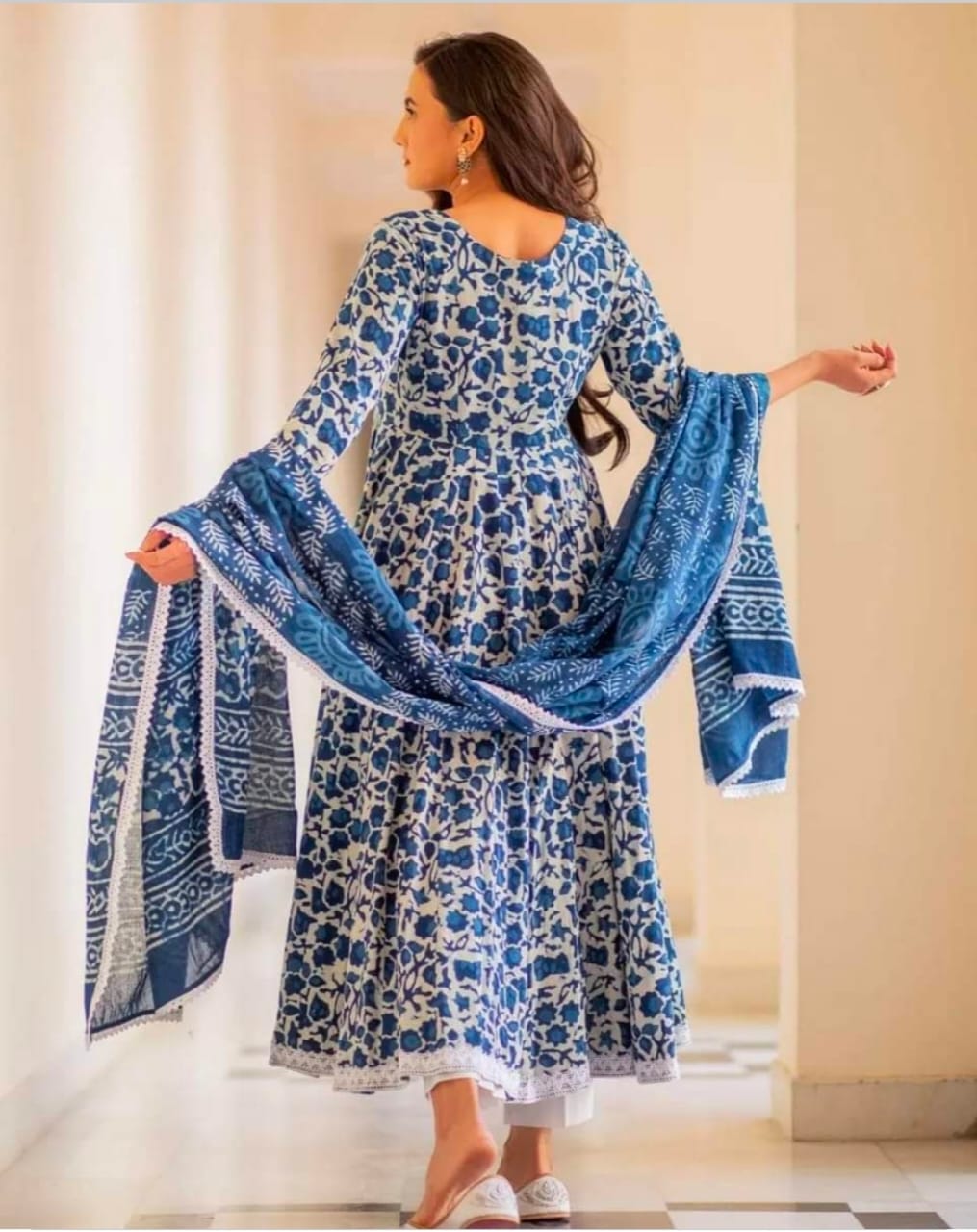 Blue Cotton Printed Kurti With Pant & Dupatta Set