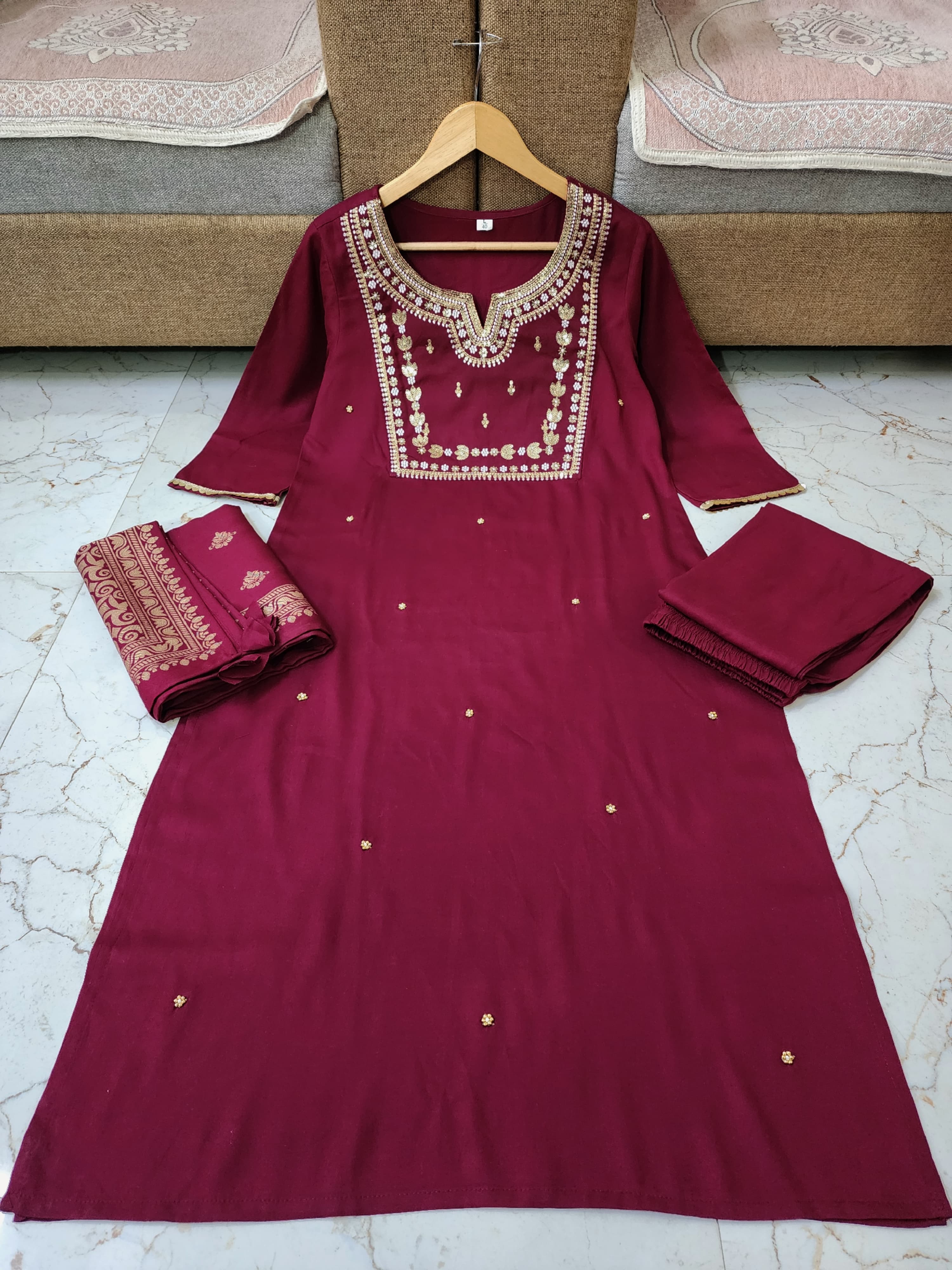 Women Embellished Straight Kurta with Pants & Dupatta |