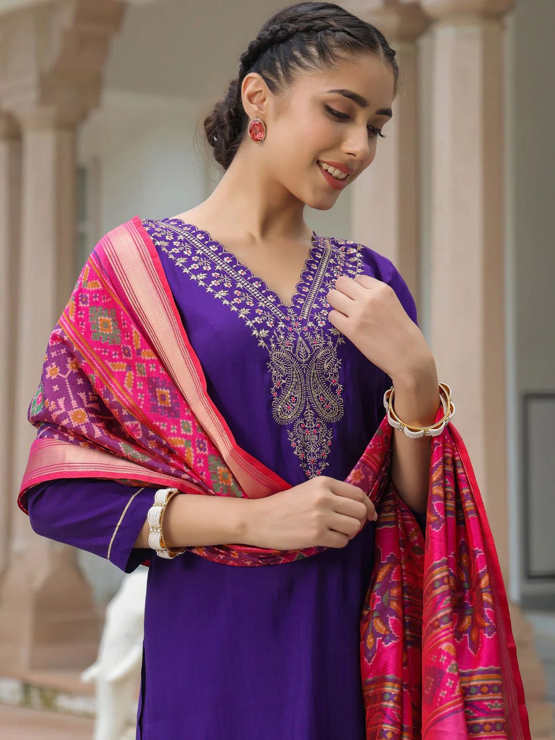 Solid Zari Embroidered Straight Fit Kurta with Pant & Patola Printed Dupatta - Deep Purple