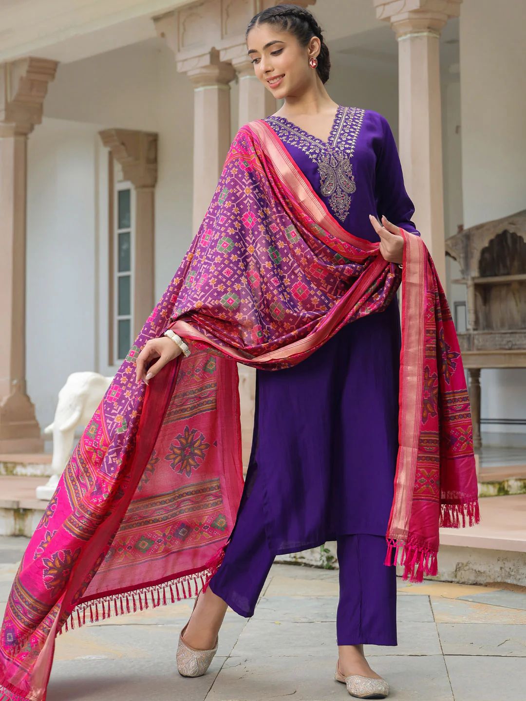 Solid Zari Embroidered Straight Fit Kurta with Pant & Patola Printed Dupatta - Deep Purple