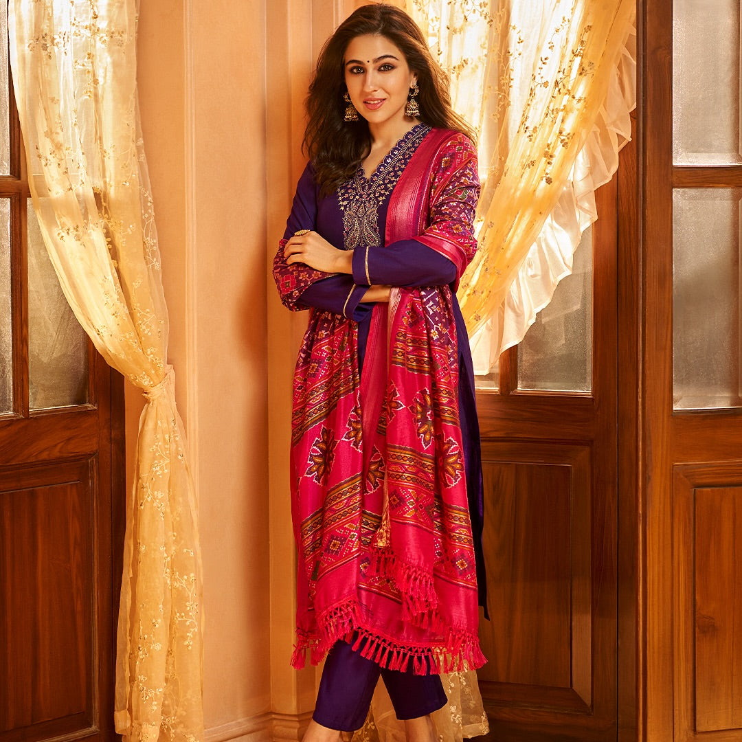 Solid Zari Embroidered Straight Fit Kurta with Pant & Patola Printed Dupatta - Deep Purple