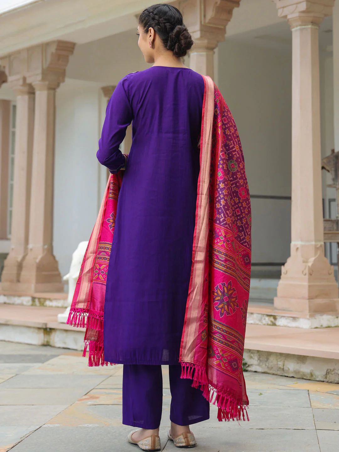 Solid Zari Embroidered Straight Fit Kurta with Pant & Patola Printed Dupatta - Deep Purple