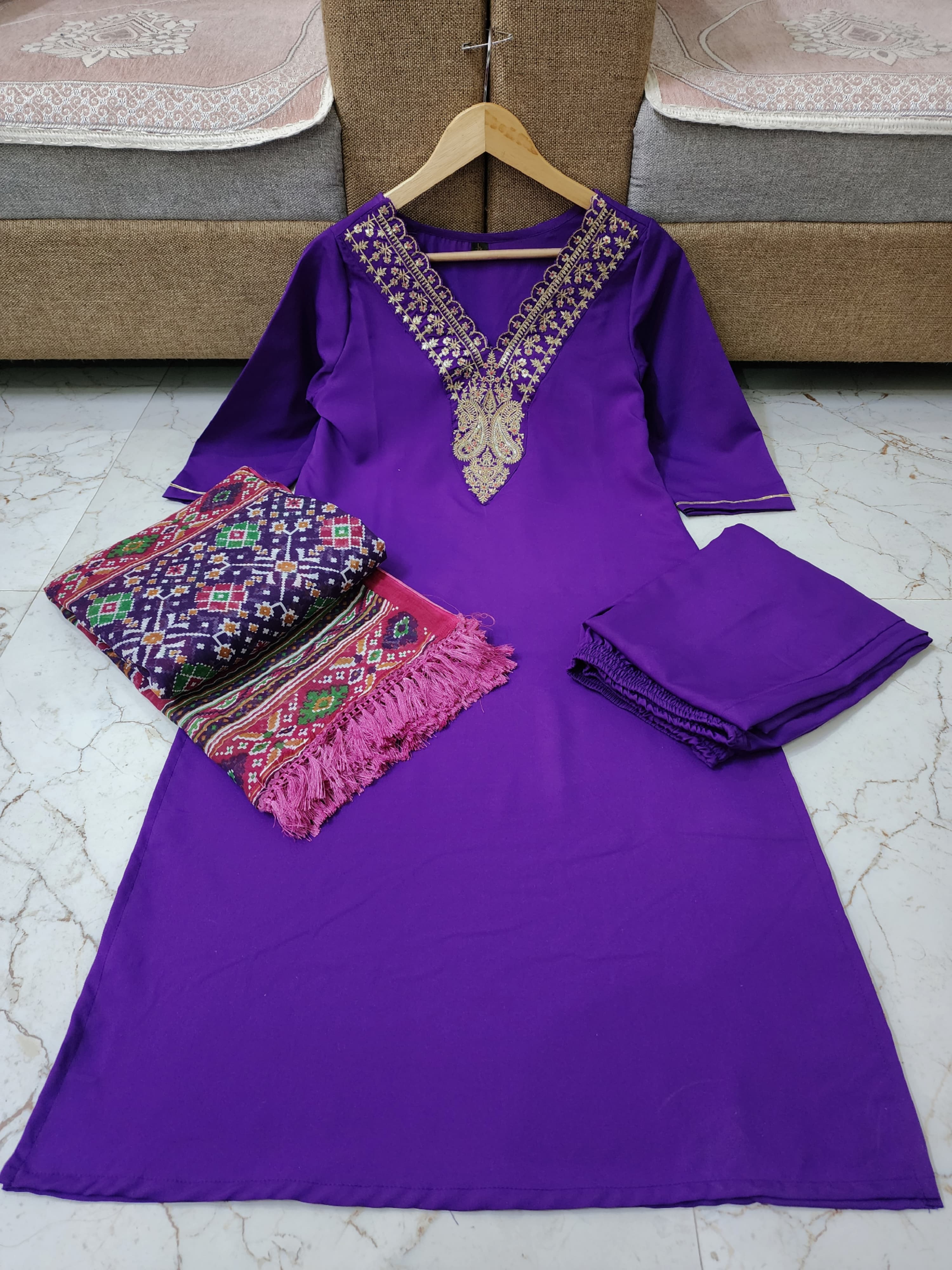 Solid Zari Embroidered Straight Fit Kurta with Pant & Patola Printed Dupatta - Deep Purple