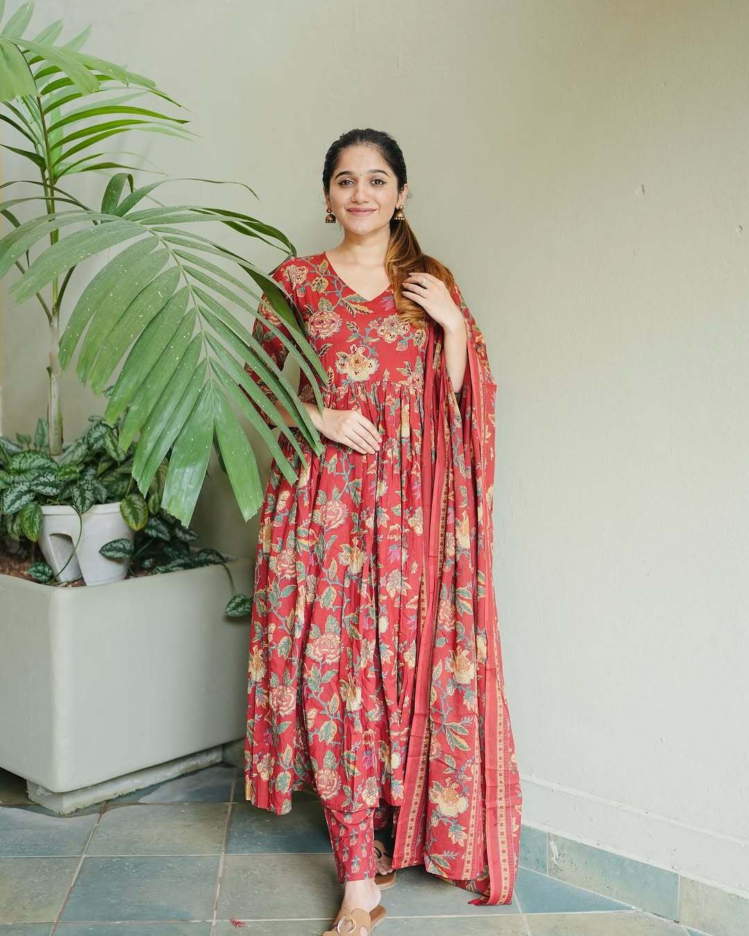 Women's Printed Cotton Anarkali Kurta & Pant With Dupatta Set