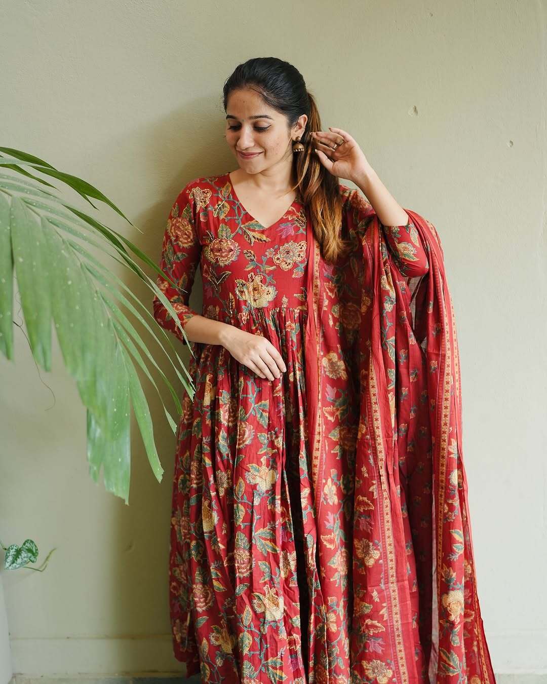 Women's Printed Cotton Anarkali Kurta & Pant With Dupatta Set