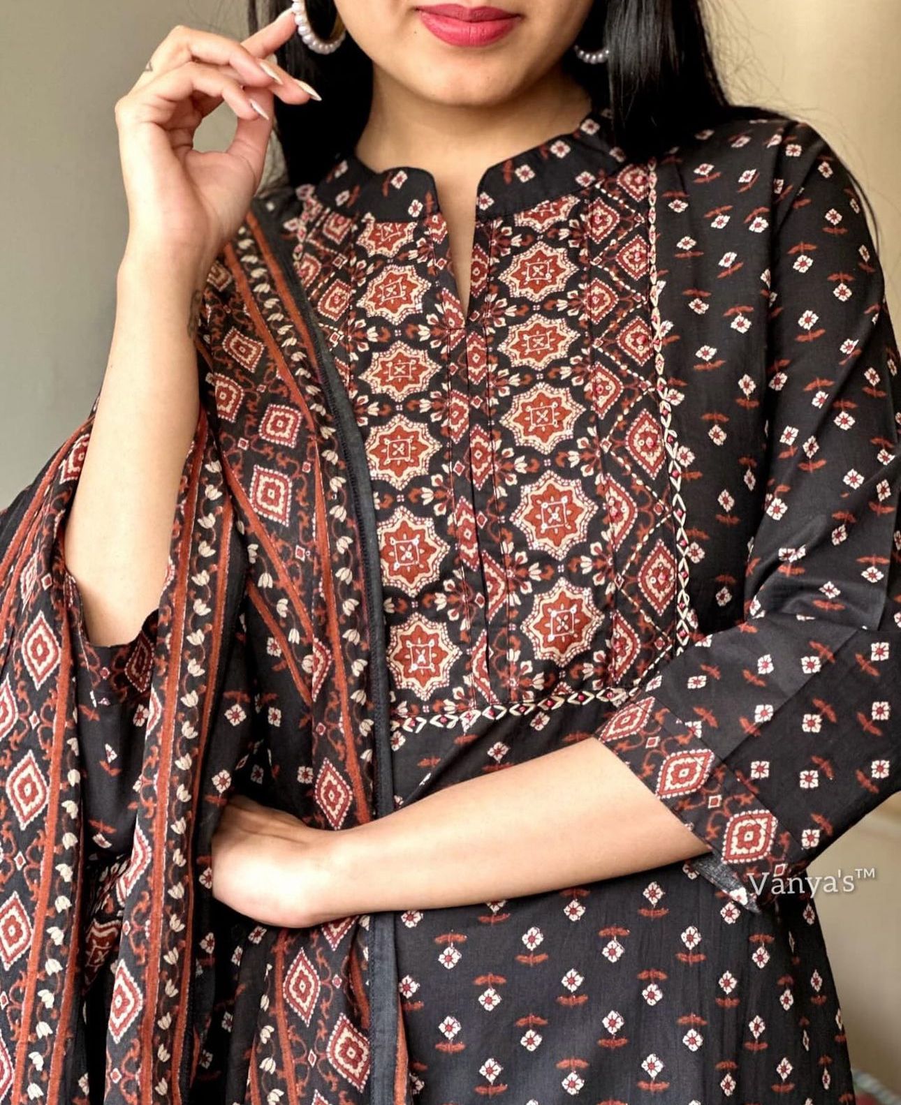 Patola Print Cotton Kurta Set with Kantha Work