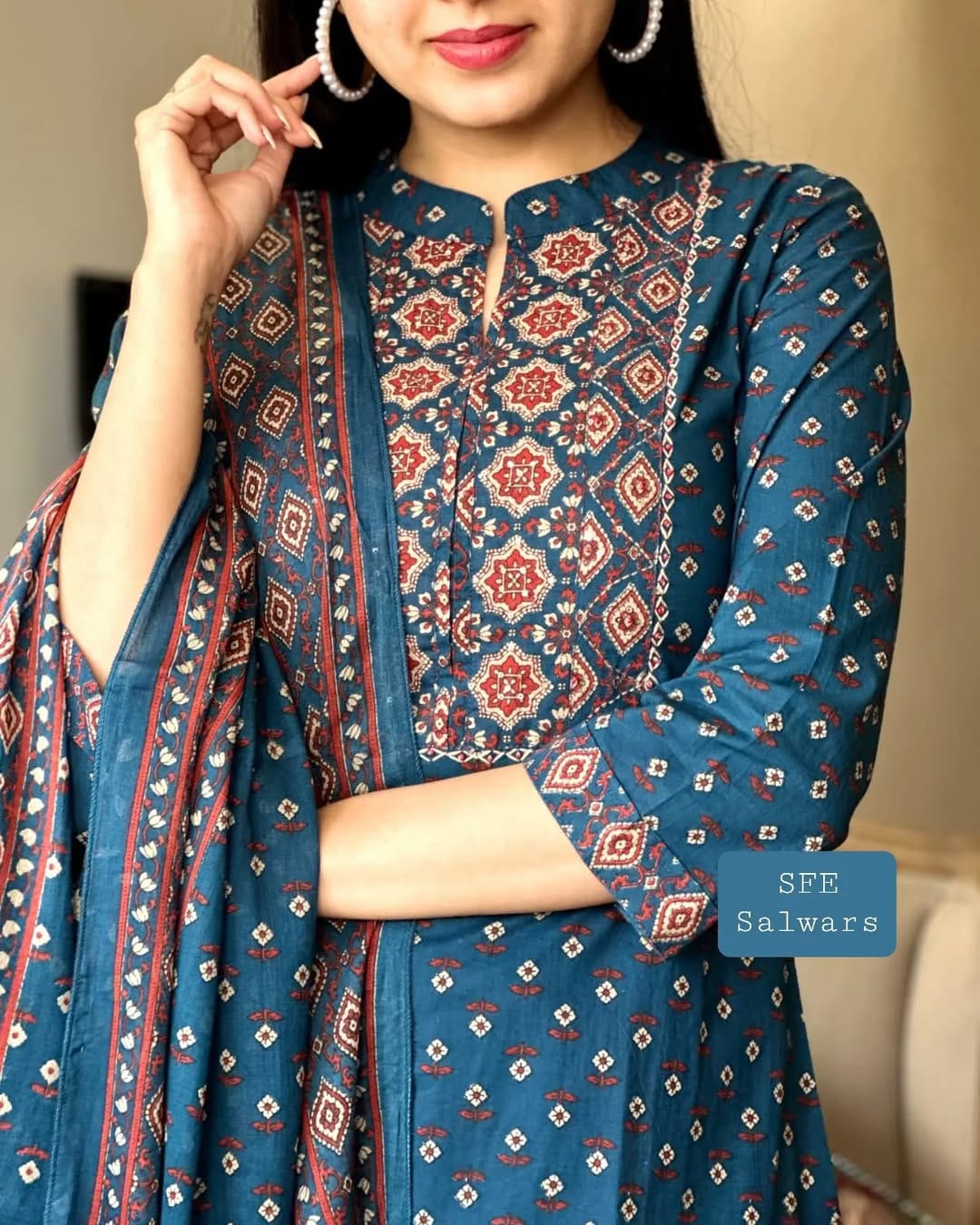 Patola Print Cotton Kurta Set with Kantha Work