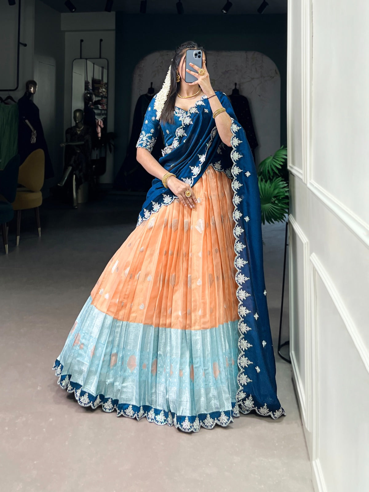 Orange Color Zari Weaving Work Sequins And Embroidery Border With Zari Kota Wedding Wear