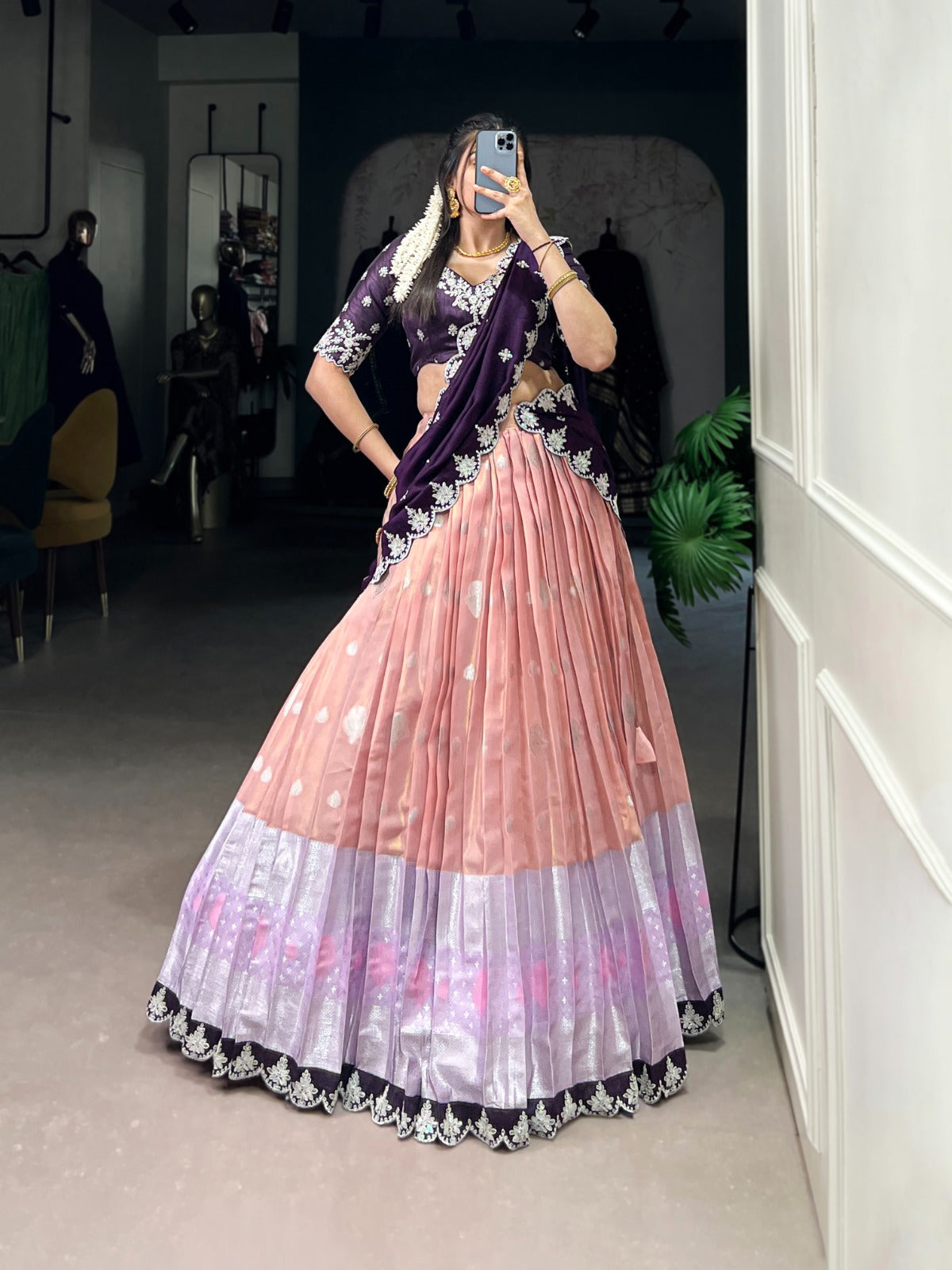 Peach Color Zari Weaving Work Sequins And Embroidery Border With Zari Kota Women Wear