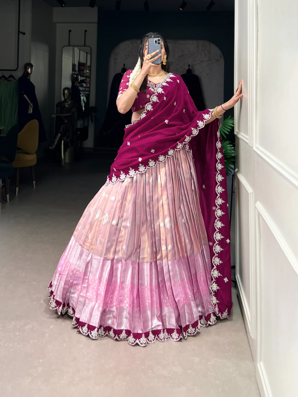 Pink Color Zari Weaving Work Sequins And Embroidery Border With Zari Kota South Collection