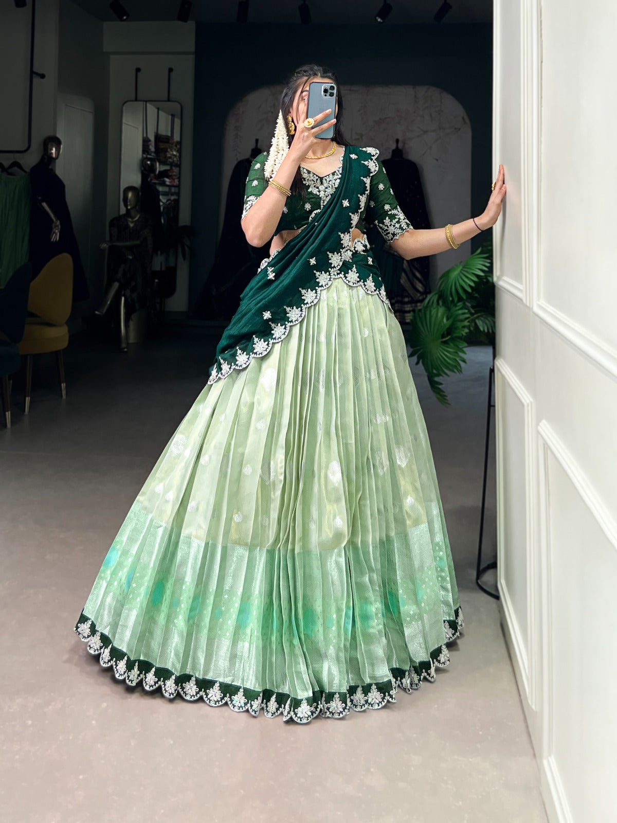 Pista Color Zari Weaving Work Sequins And Embroidery Border With Zari Kota Lehenga Choli